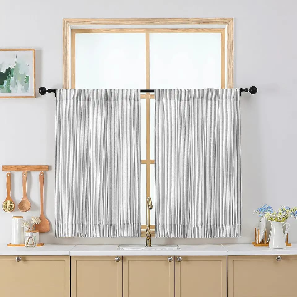 Chyhomenyc Striped Short Curtains 36 Inch Length - Light Filtering Faux Linen Living Room Tier Half Window Curtains, Farmhouse Modern Boho Curtain for Bathroom Cabinet, 30Wx36L, 2 Pieces, Grey