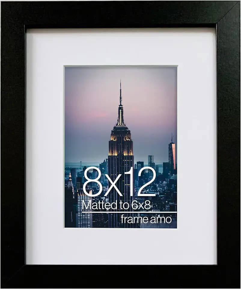 Frame Amo 8x12 Black Picture Frame with 5.5x7.5 White Mat Opening for 6x8 Image, 1 Inch Border, Acrylic Face, for Wall or Table