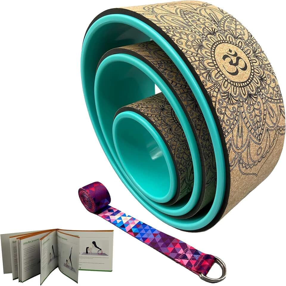 Aozora Yoga Wheel 13" with Most Detailed Book Step by Step Guide on How to Do 30+ Poses,! Perfect for Stretching and Improving Backbends (3 Pack - 6, 10 & 13" -Cork/Turquoise +strap)