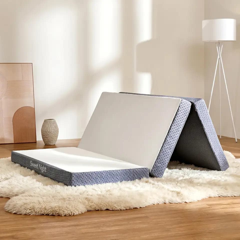 Sweetnight Twin Tri-Folding Mattress Topper - 4 inch Medium Firm Portable Foldable Mattress with Washable Cover & Non-Slip Base - Ideal for Camping, RV, and Guests,White
