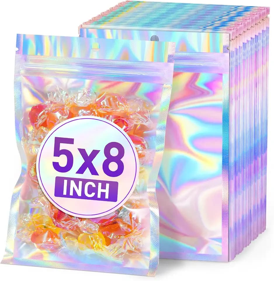 ANZNKU Holographic Mylar Bags 5x8 Resealable 50PCS Candy Goodie Bags Bulk