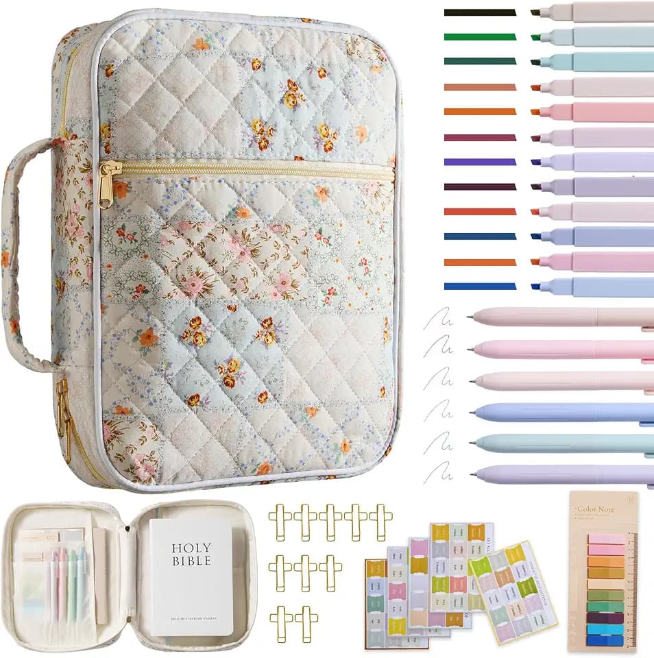 Bible Cover Case for Women Girls,Quilted Bible Tote Bag Study Supplies