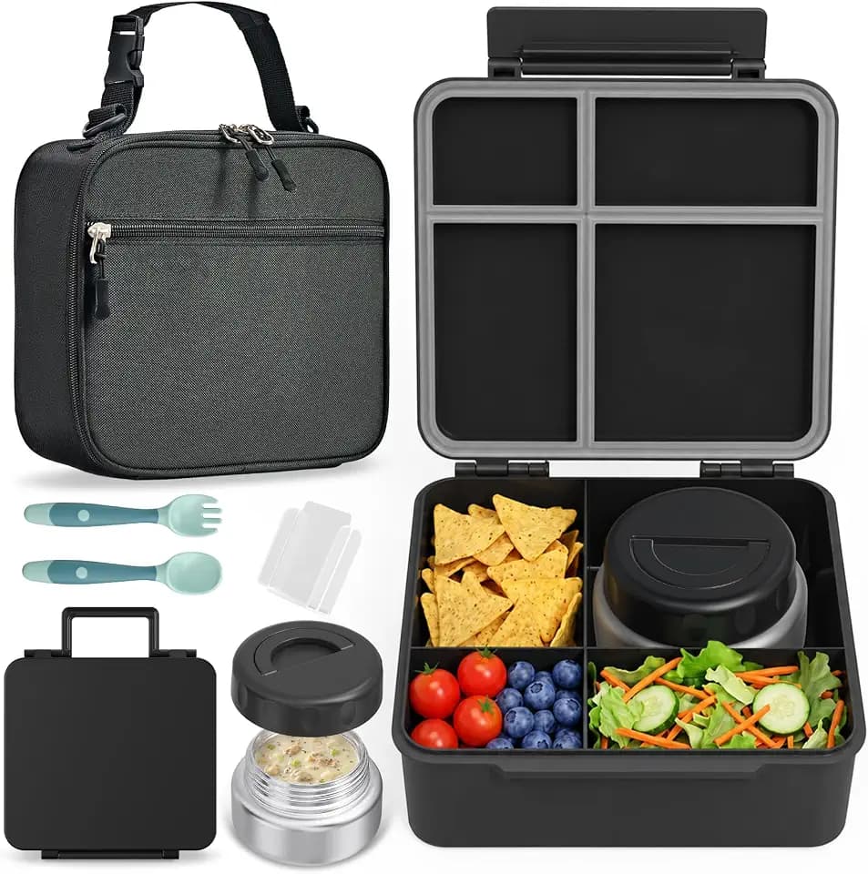 Bento Box for Kids with Thermo Food Container (9oz), 4-Compartment Lunch Box, Adjustable Divider, Leakproof Bento Lunch Box, Includes Utensils & Carry Bag for School, Office(Black)