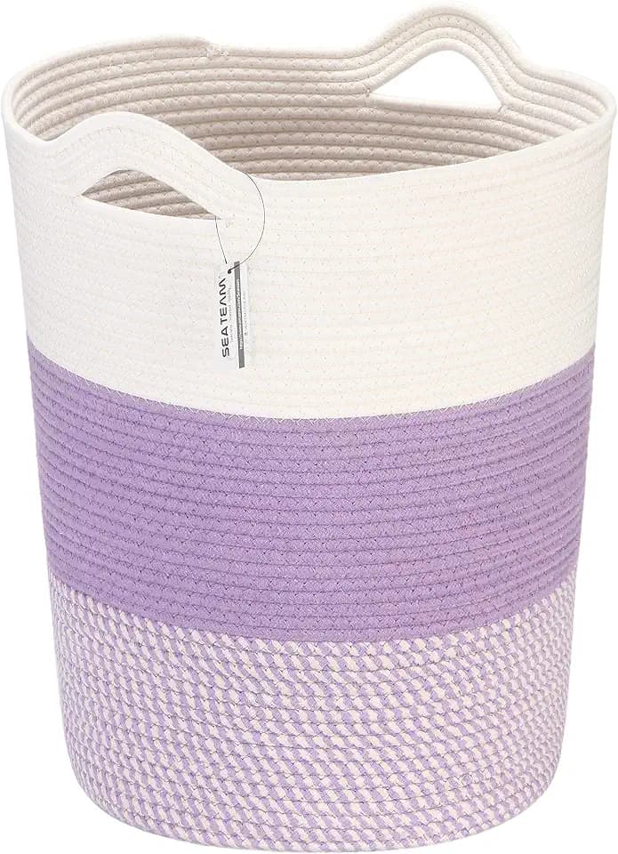 Sea Team Large Woven Cotton Rope Laundry Basket with Handles, 20 x 14 in