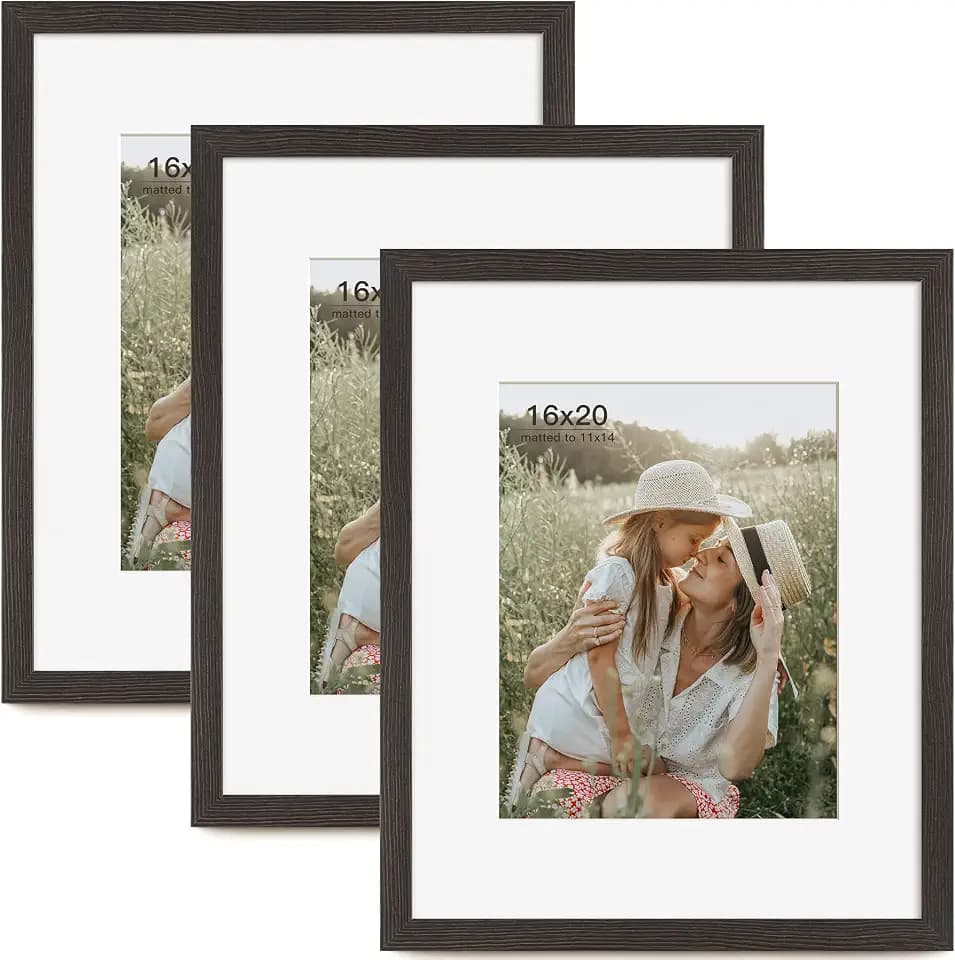 Momentworth 16x20 Picture Frame with Mat for 11x14 Set of 3, Distressed Black Wood Grain 16x20 Frames for Wall Mounting (3 Pack, Black)