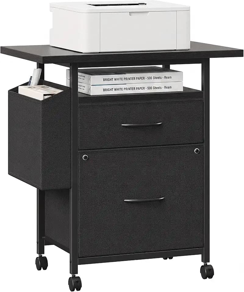 Alpen File Cabinet, Small Filing Cabinet with 2 Drawer and 24" Desktop, Mobile Printer Stand with Side Storage Bag, Fits A4/Letter for Home Office, Black
