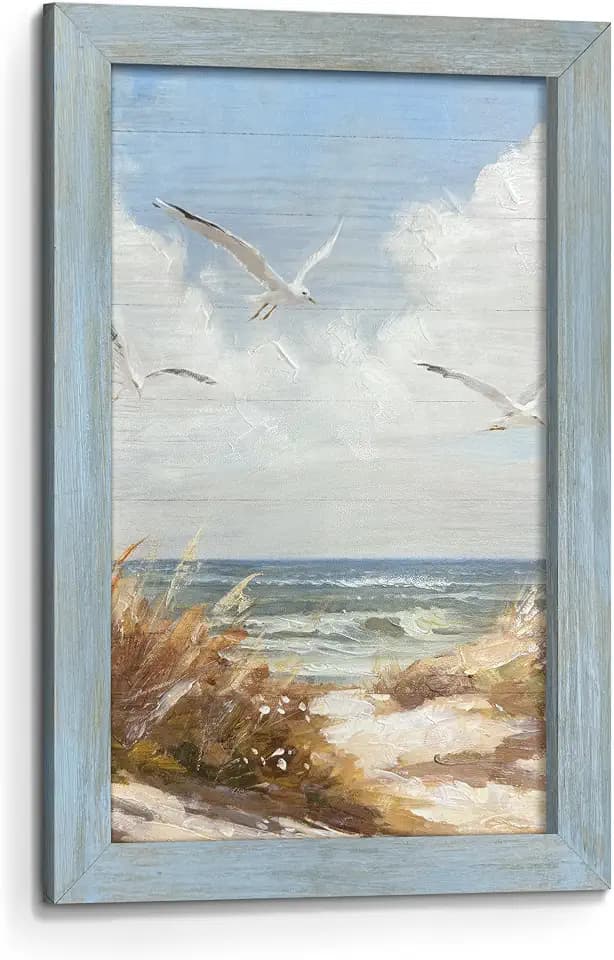 Coastal Seagull Wall Art Painting: Blue Ocean Sea Bird Wooden Framed Prints Picture Beach Seaweed Seascape Artwork for Living Room Bathroom Bedroom Home Office Decor 24 x 16 Inch