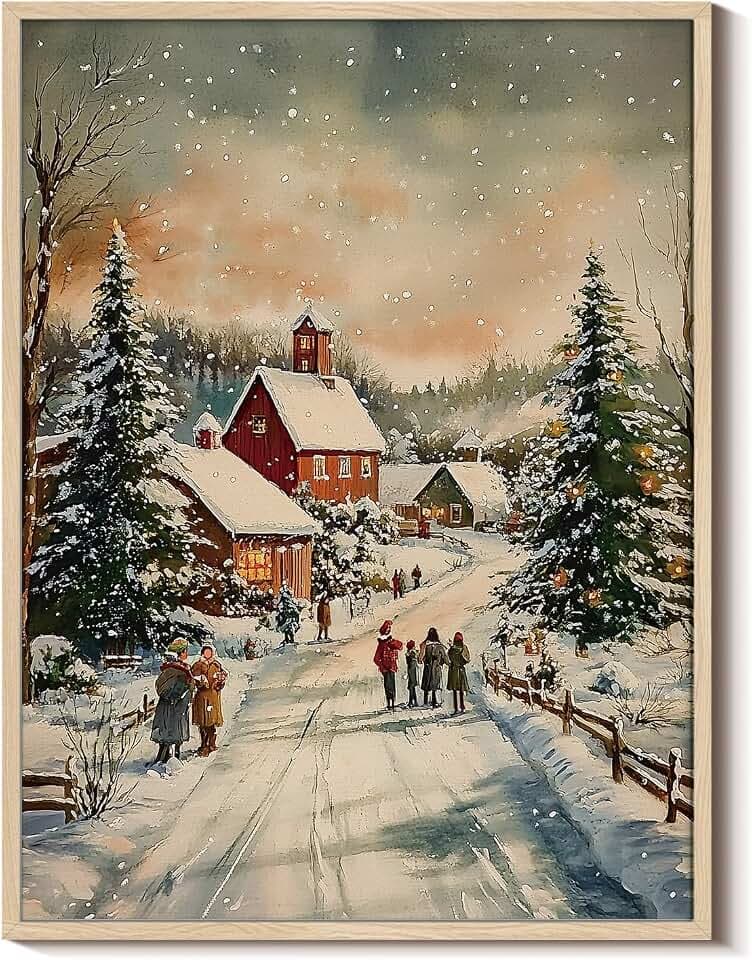 Vintage Winter Snowy Village Christmas Framed Canvas Wall Art, 12x16 Inch Cozy Family Walking Snow Road Landscape Painting, Rustic Farmhouse Living Room Bedroom Entryway Home Holiday Decor