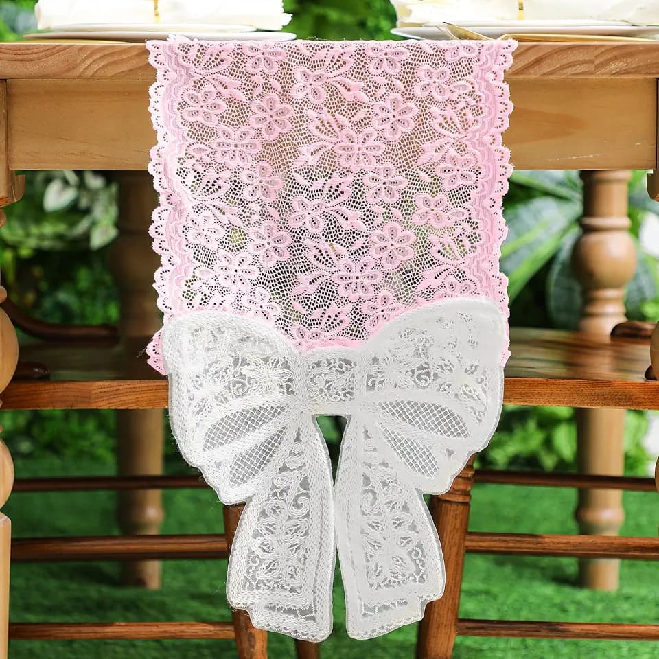 Pink Lace Table Runner with Big Bow Ends 12 x 71 Inch