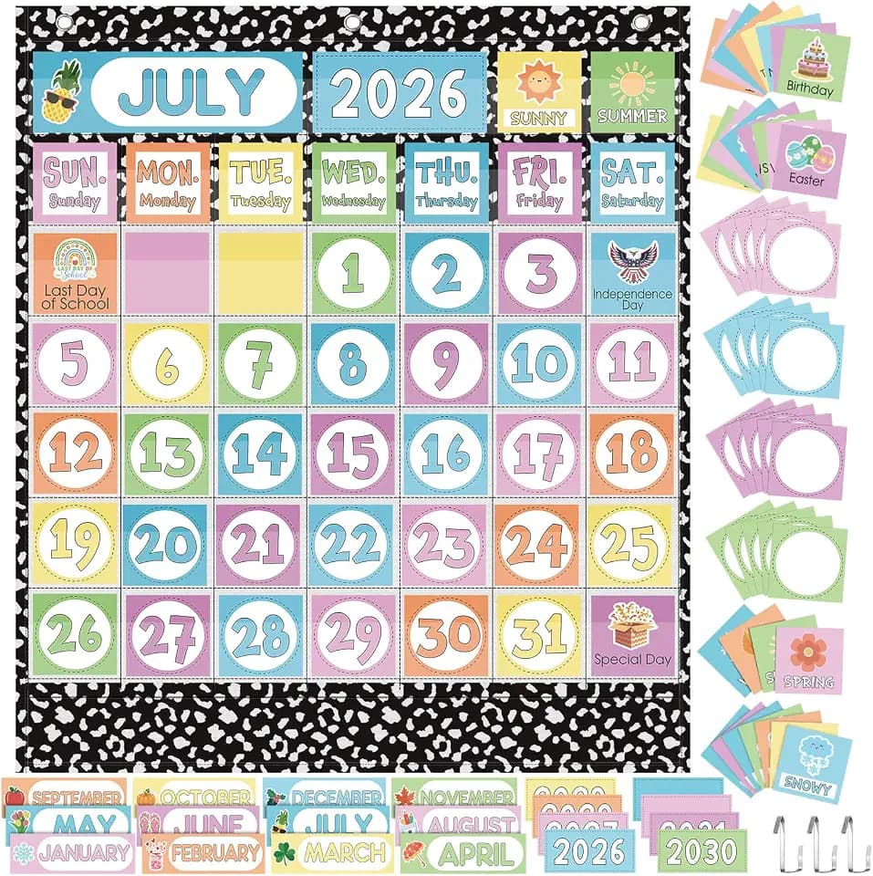 Sinload Classroom Calendar Pocket Chart Black White, Classic