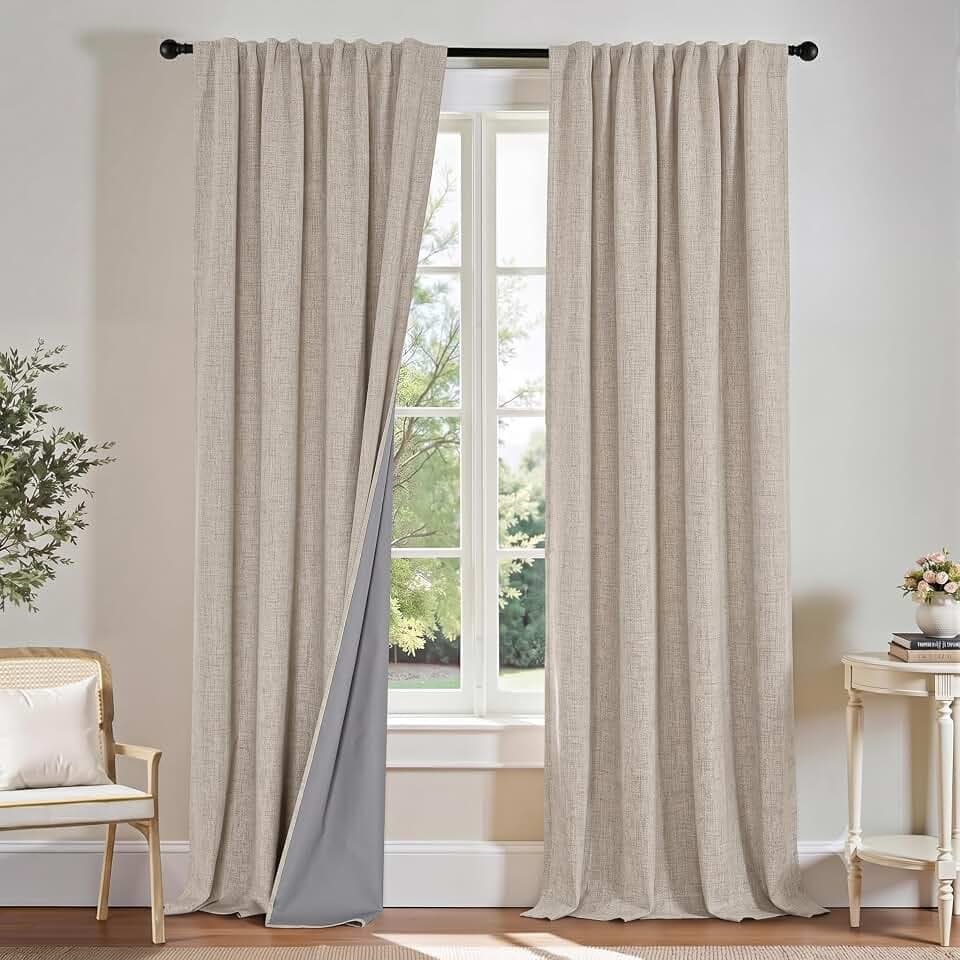 PONY DANCE Beige Linen Blackout Curtains 84 Inch Long for Bedroom, 2 Panels