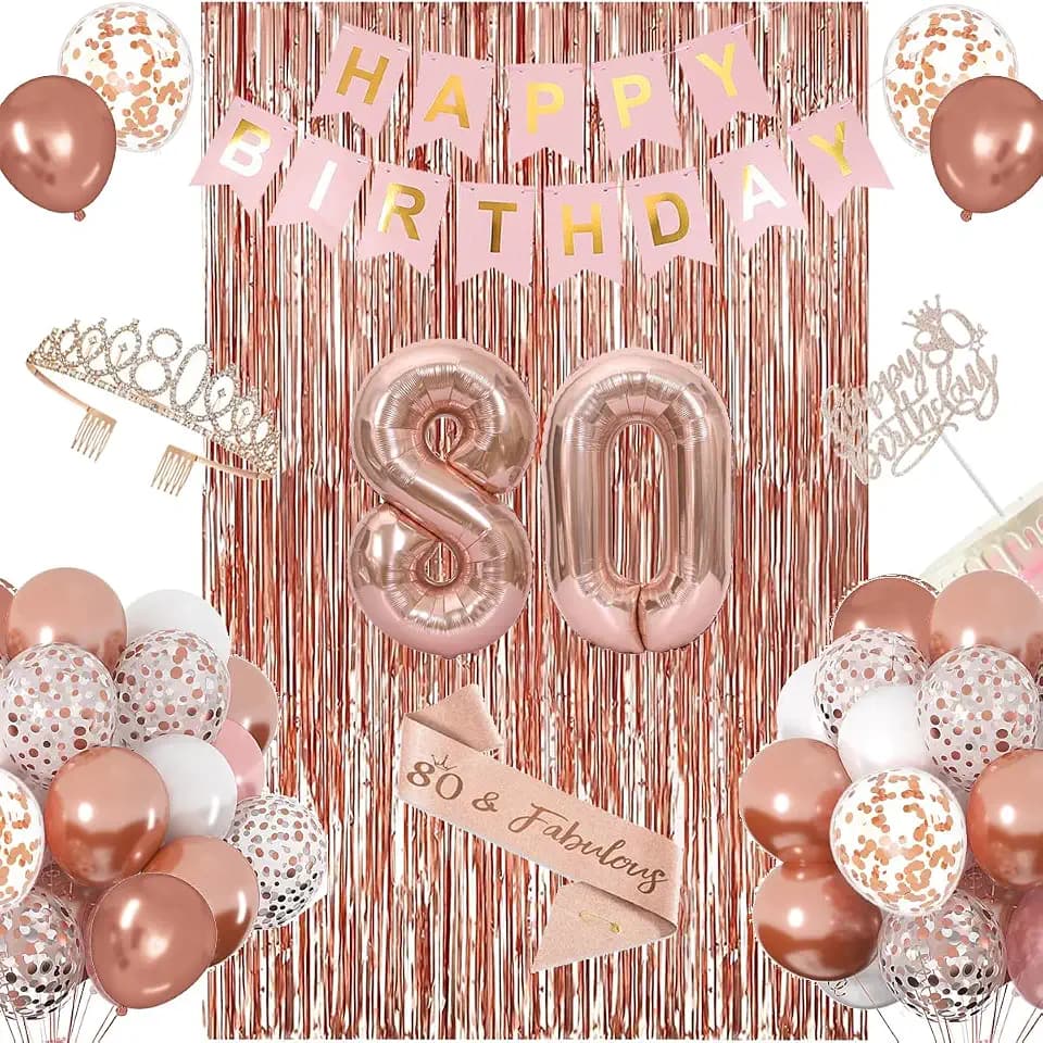80th Birthday Decorations for Women, Happy 80th Birthday Banner Cake Topper Balloons Sash and Crown, Rose Gold 80t'h Party Decorations for Girls
