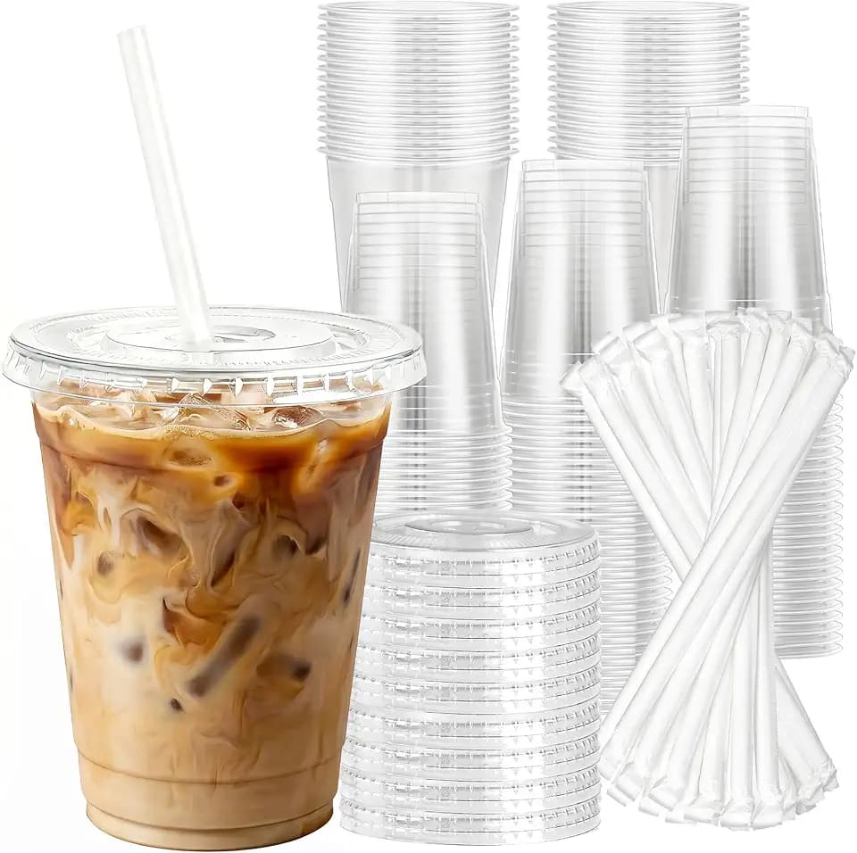Charmount 100 Sets 16 oz Plastic Cups with Lids and Straws