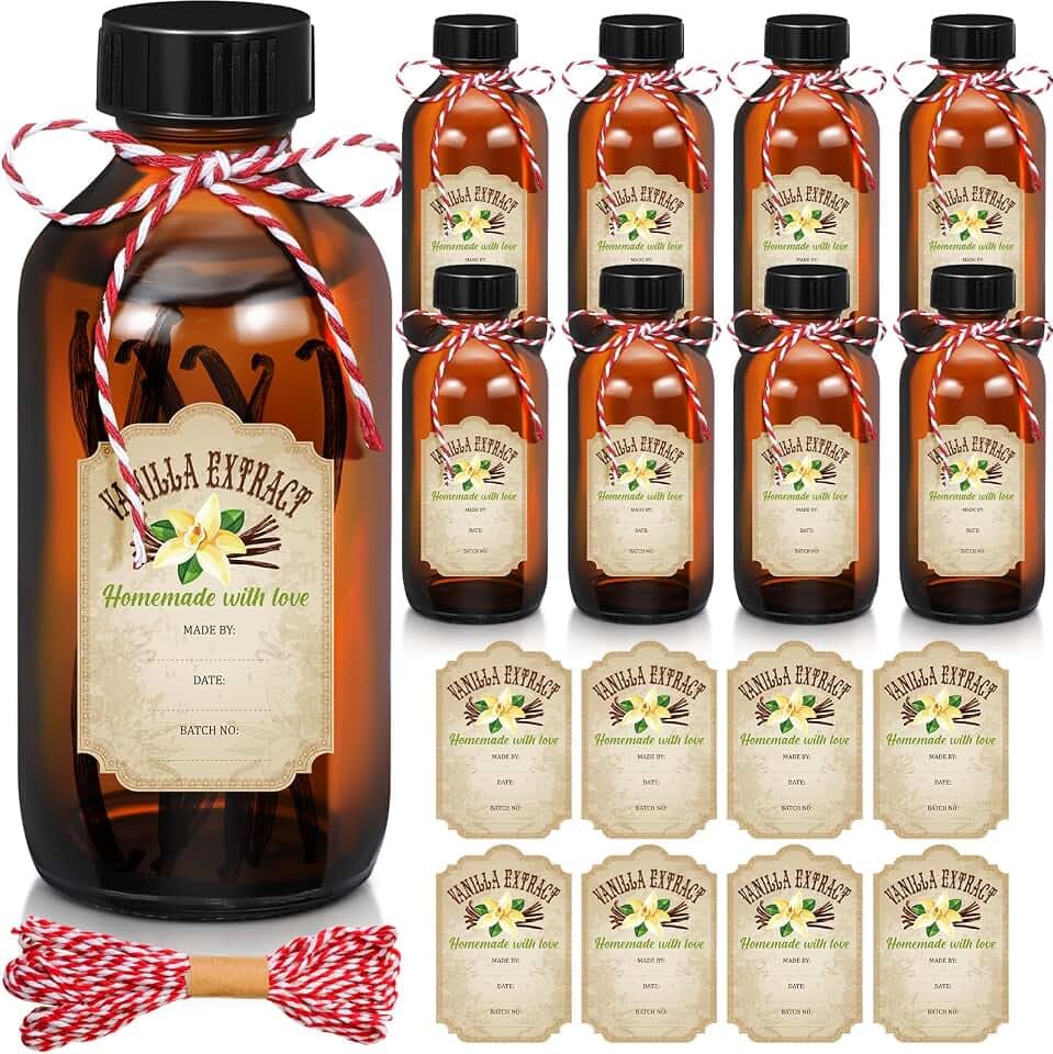 Uiifan 8 Pcs Vanilla Extract Bottles Boston Round with Caps Glass Bottle and 8 Pcs Vanilla Extract Labels Stickers for Syrup Gift Glass Food Storage Canister Set Sauce Beans(8 oz)
