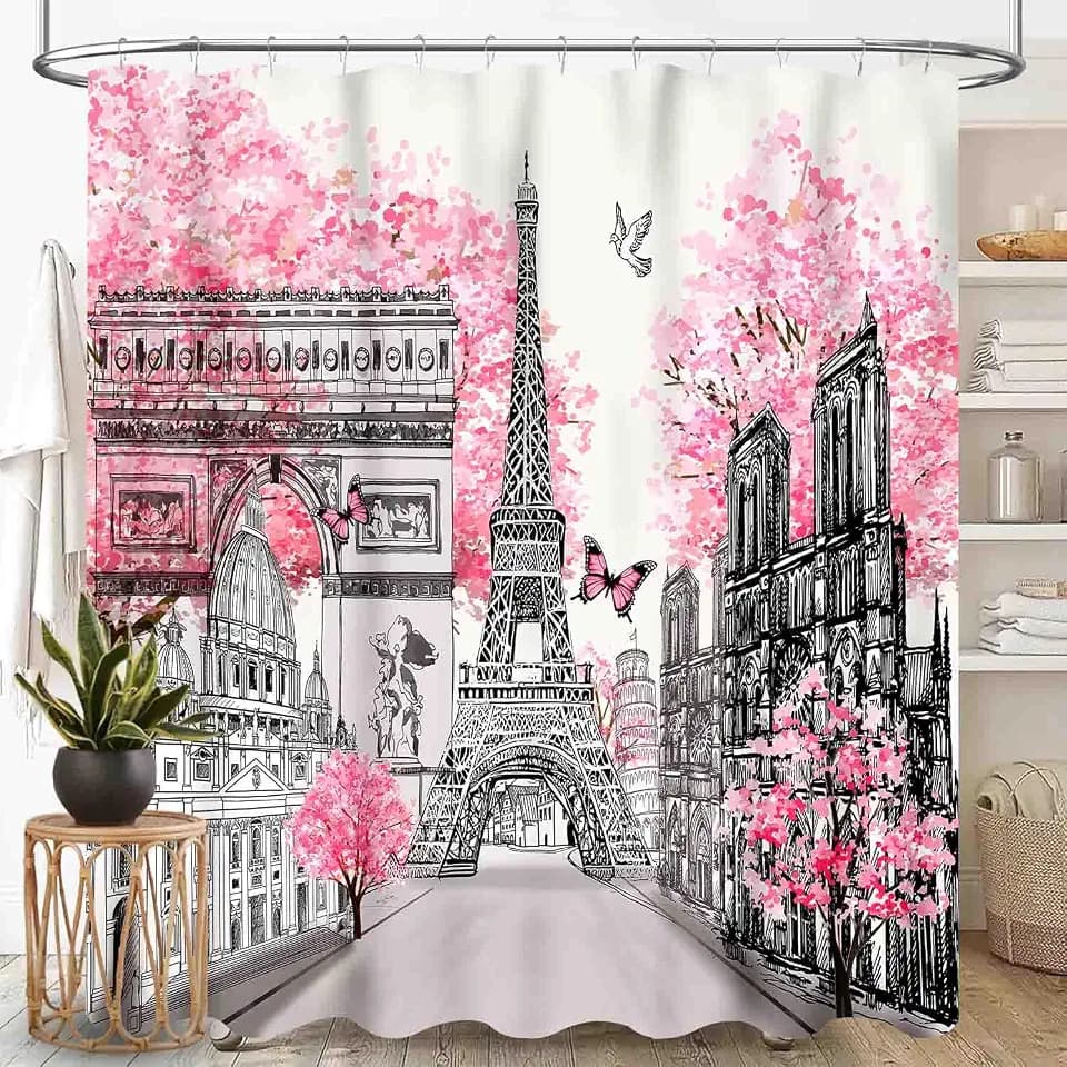 Paris Shower Curtain for Bathroom, Modern European City Scenery Landscape France Eiffel Tower Landmark Romantic Pink Girls Woman Waterproof Fabric Bath Shower Curtain Set with Hooks, 72"x84" Inch