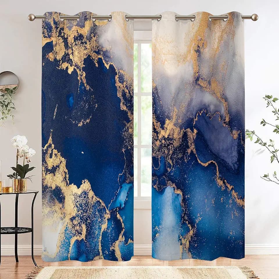 Navy Blue Gold Abstract Marble Grommet Curtains 53Wx108L Inch ,2 Panels