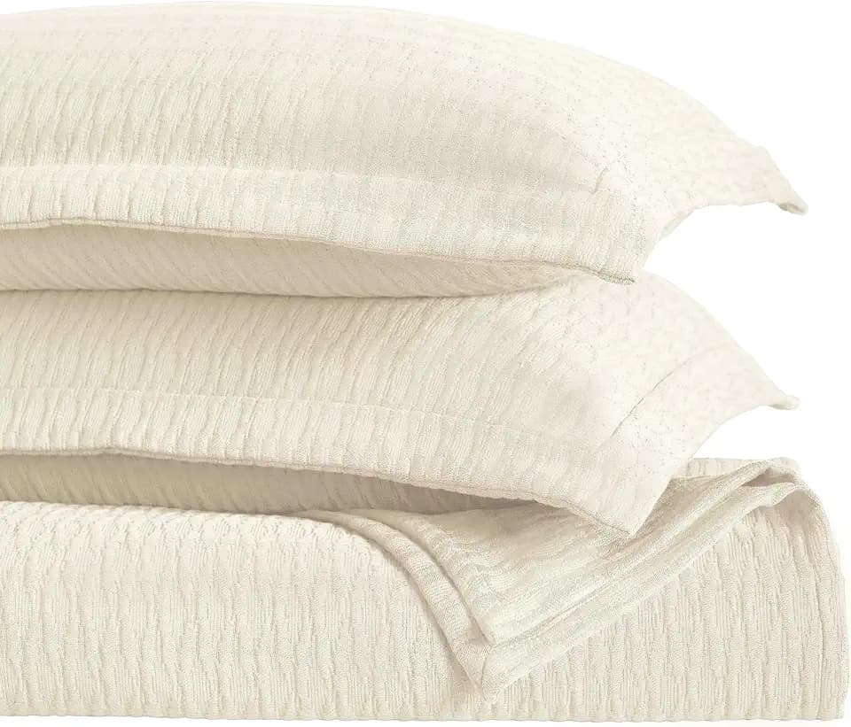 Superior 3 Piece Cotton Bedspread Set, Home Bed Decor, Decorative Bed Spread, 2 Pillow Shams, Medium Weight Blanket, Matelasse Coverlet, Bedding Essentials, Calvert Collection, Queen, Ivory