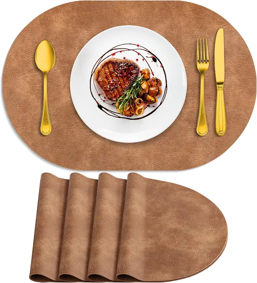ADRIMER Oval Placemats Set of 4, Wipeable Faux Leather, Sandy Light Brown