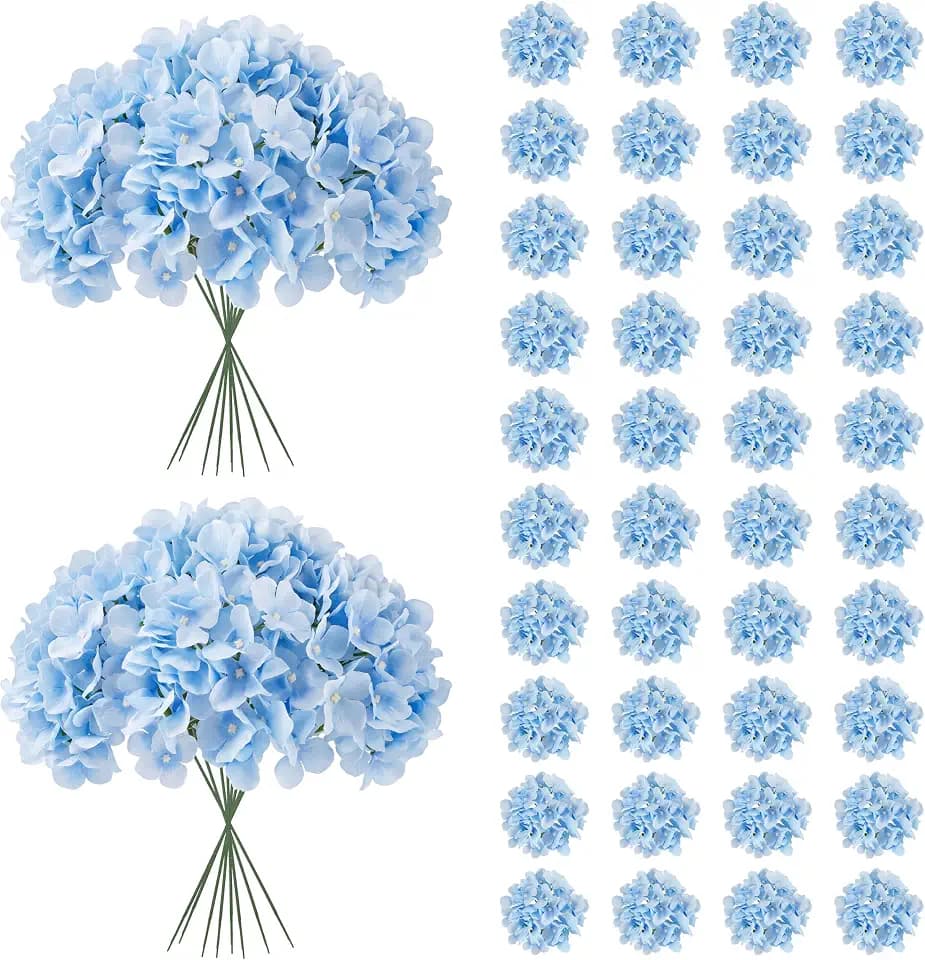 JPSOR 40pcs Artificial Hydrangea Silk Flower Heads with Stems, Fake Flowers for Wedding Centerpiece Home Garden Party Decoration (Blue)