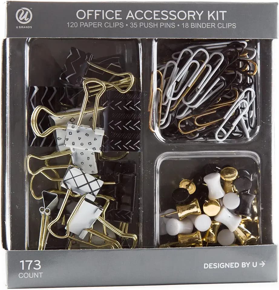 U Brands Office Accessory Kit, Office Supplies (Black, White and Gold)