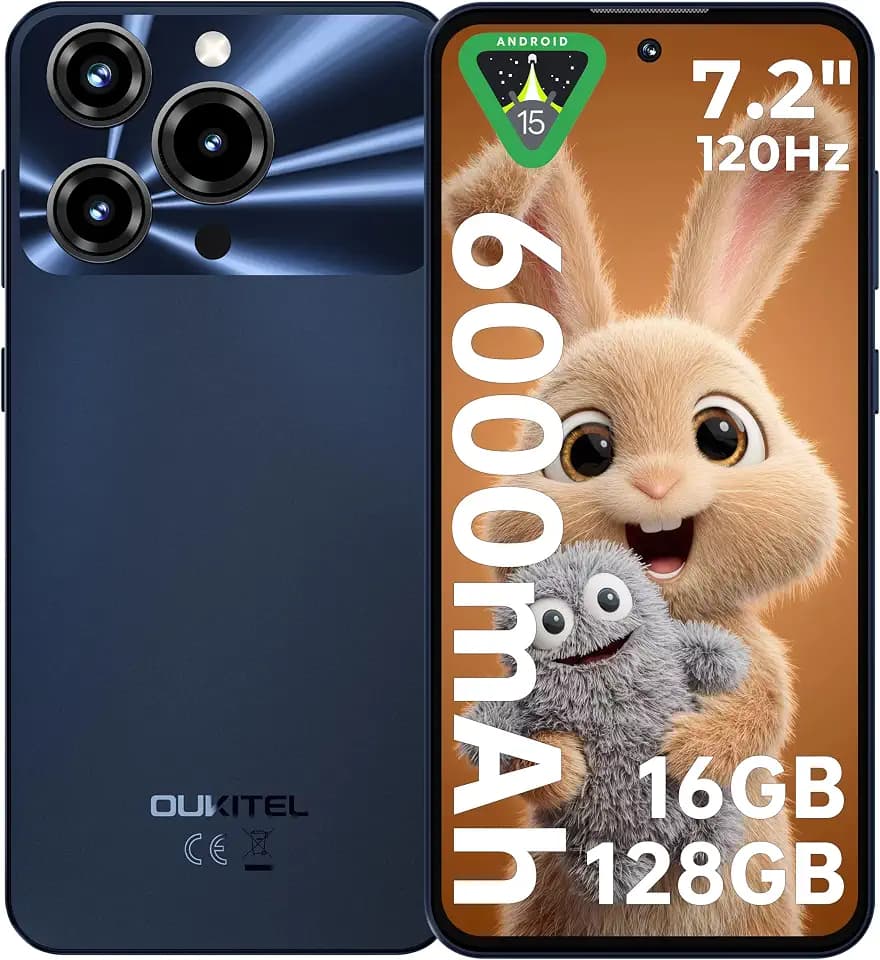 OUKITEL C69 Handy Ohne Vertrag - 7,2 Zoll 120Hz Display 6000mAh Akku Smartphone Ohne Vertrag 64MP+8MP 16GB+128GB/1TB Smartphone Android 15 Simlockfreie Handys Dual SIM 4G Face ID/OTG/GPS/Schwarz