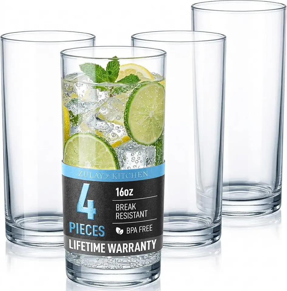 Zulay Kitchen Plastic Drinking Glasses (Set of 4) – 16oz Acrylic Shatterproof Water Cups for Home, Kitchen & Outdoors – Crystal Clear Glass Look – BPA & Lead-Free – Top-Rack Dishwasher Safe