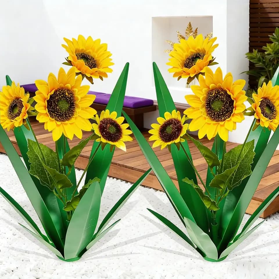 DDQ 2PC Metal Agave Plant Outdoor Decor with Artificial Flowers, 2 Pack Tequila Rustic Sculpture, Waterproof Yard Art for Patio Lawn, Multiple Flower Options (Green Agave + Sunflower)