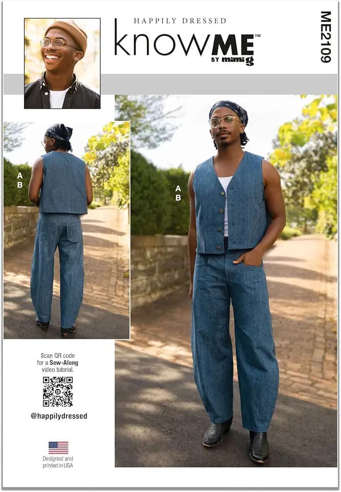 Know Me ME2109BB Men's Lined Vest and Barrel Leg Pants Sewing Pattern Packet by Happily Dressed, Design Code ME2109, Sizes 44-46-48-50-52
