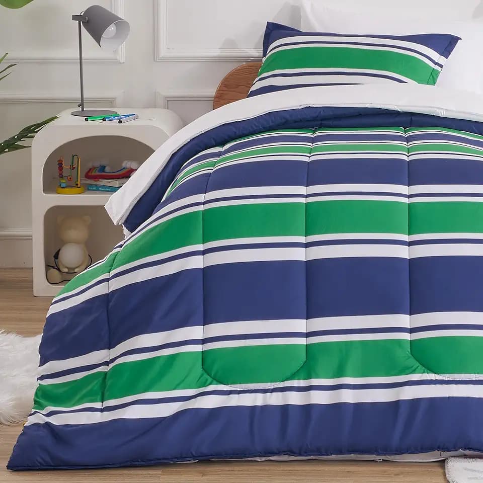 SLEEP ZONE Kids Rugby Bedding Comforter Set Full/Queen Size - Super Cute & Soft Kids Bedding Bed in a Bag 7 Pieces Set with Comforter, Sheet, Pillowcase & Sham (Rugby Stripe Navy/Green)