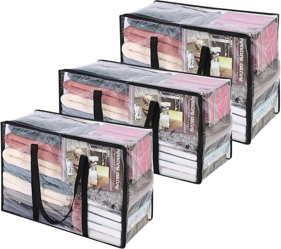 Vieshful 3 Pack 40L/60L/90L Clear Clothes Storage Bags with Zipper