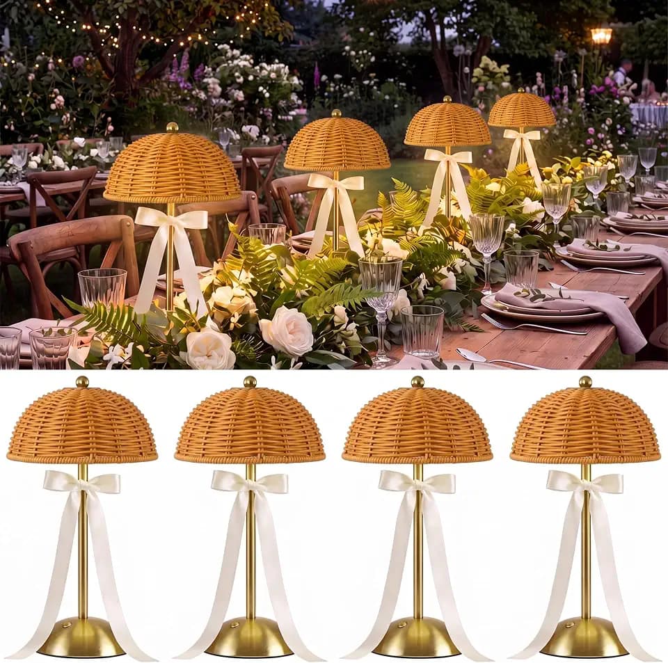 4 Pack Wedding Rattan Wicker Cordless Table Lamps LED with Bows