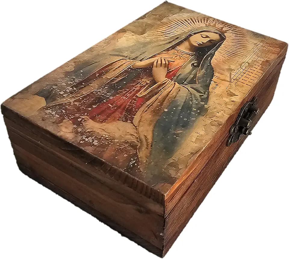 RK Collections Our Lady of Guadalupe Virgin Mother Mary Rosary Box. Vintage Woodem Prayer Box for Religious Gift. Trinket case Holder (6.5 x 4.25 x 2.25 inches)
