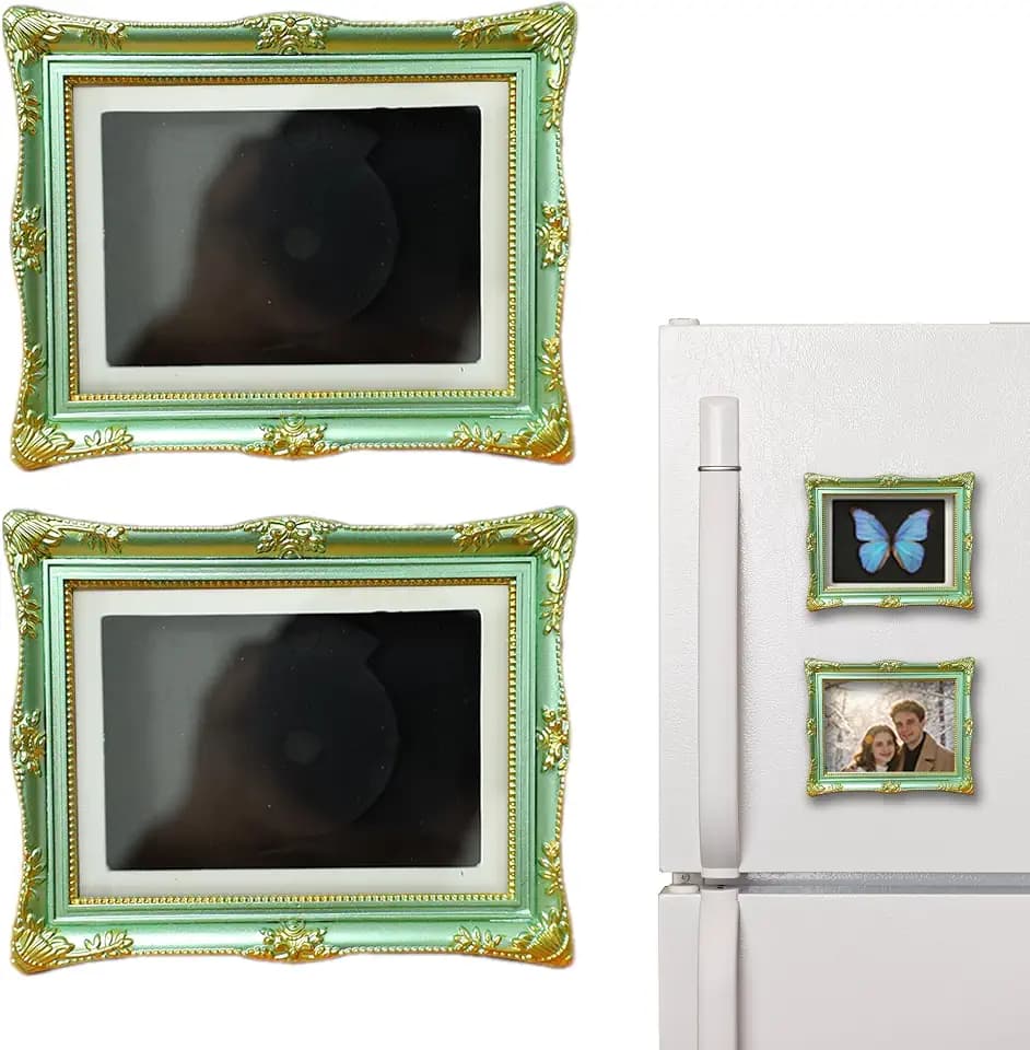 2 Pack Vintage Mini Picture Frames Magnetic for Refrigerator - 3.5" x4.5" Inch Frame (Display 2" x3" ) , Retro Small Magnetic Photo Frames for Kitchen Decor, DIY Fridge Magnets, Home Office Decorative Gift (Green)