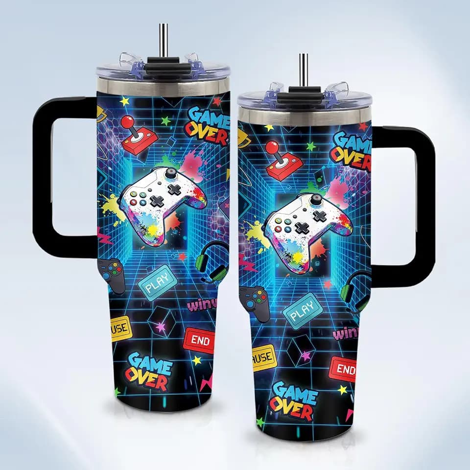 Gifts for Gamers - 40 oz Blue Gaming Tumbler with Handle, Cute Video Game Water Bottle - Unique Birthday, Christmas Gift for Girls, Kids, Adults
