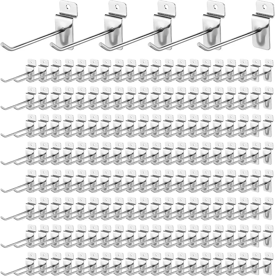 Tandefio 200 Pcs 4 Inch Slatwall Hooks Slatwall Accessories Panel Hooks Heavy Duty Metal Hanging Silver Commercial Peg for Garage Retail Display Organization