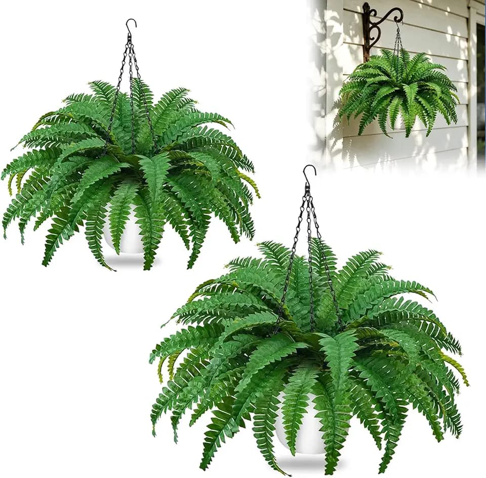 2Pack Artificial Boston Fern Hanging Plant 23.6'' UV Resistant Ferns in Pot