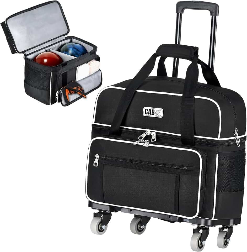 CAB55 2 Ball Bowling Bag with 4 Wheels, Double Bowling Ball Bag with Separate Shoe Compartment, (Up To US Men Size 16), and Multiple Multifunctional Accessory Pockets