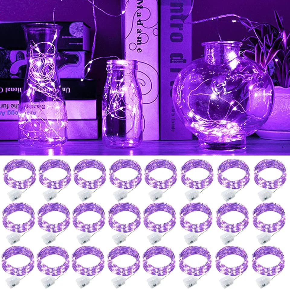 pozzolanas 24 Pack Purple Fairy Lights Battery Operated 3 Modes 7FT 20 LED Waterproof String Lights Twinkle Silver Wire for Mason Jars Wedding Christmas Halloween Party Decor (24, Purple)