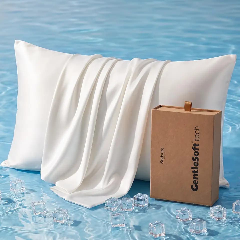Bedsure Cooling Pillowcase for Hot Sleepers, Silk Like Pillow Case Queen Size Set of 2, Reduce Wrinkles & Frizz-Free Hair, Infused with HA & Ceramides for Skin, Hidden Zipper, Queen, White