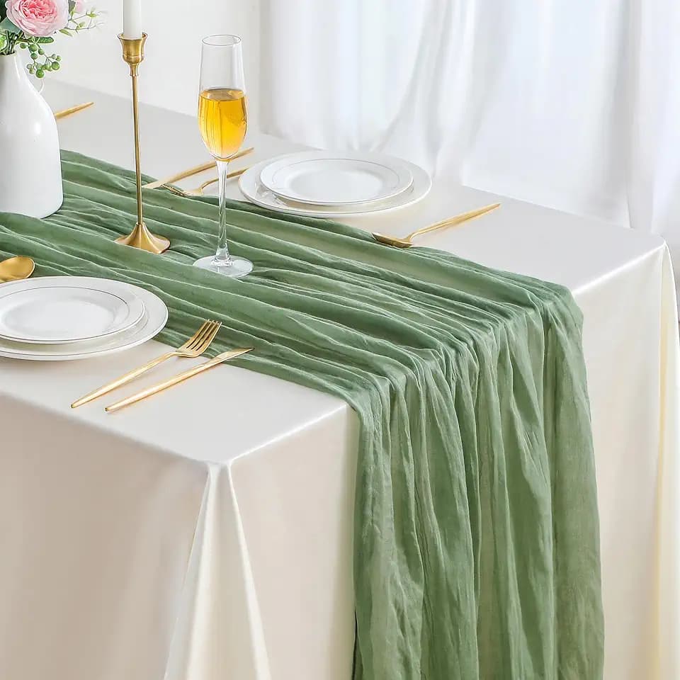 10 Pack Sage Green 10ft Christmas Table Runner, Boho 35x120 Inch Long, Gauze Table Runner Decor for Baby Shower Bridal Shower or Wedding Party