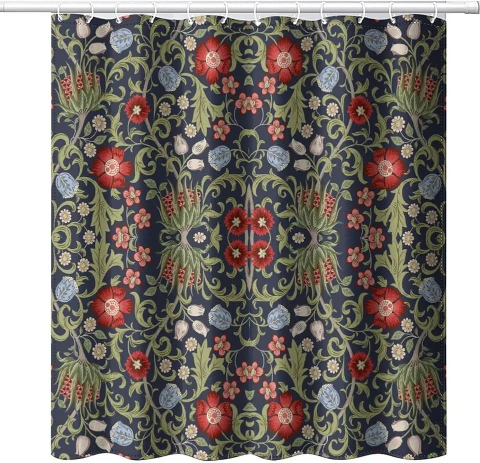 Boho Watercolor Floral Shower Curtain William Morris Design Heavy Duty Fabric Shower Curtain Set Bathroom Polyester Waterproof Shower Curtain 72x84 Inches(183x214cm), Style