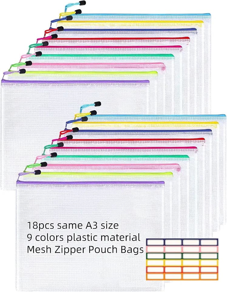 A3 Mesh Zipper Pouch Bags, 18pcs 9 Colors Zip Pouches, Zipper Pouch with Sticky Labels, Zipper Pouches for Classroom, Plastic Zipper Pouches