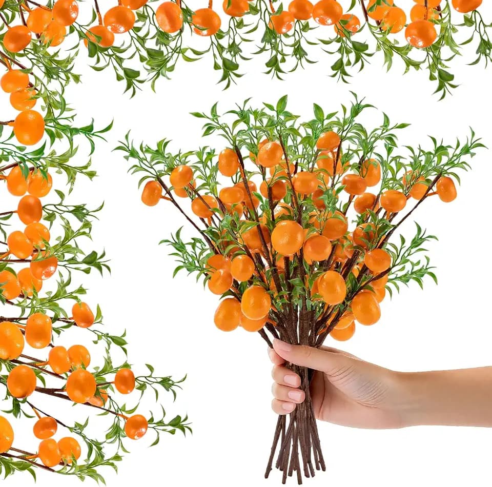 4Pcs Artificial Tangerine Branches, Lifelike Orange Branches
