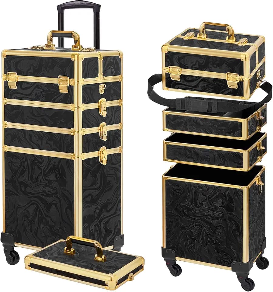Somduy Rolling Makeup Case, Makeup Train Case with Lid, 5 in 1 Cosmetology Case on Wheels, Christmas Gift, Large Makeup Organizers, Profesional Cosmetic Case for Salon Barber, Pattern Black Gold