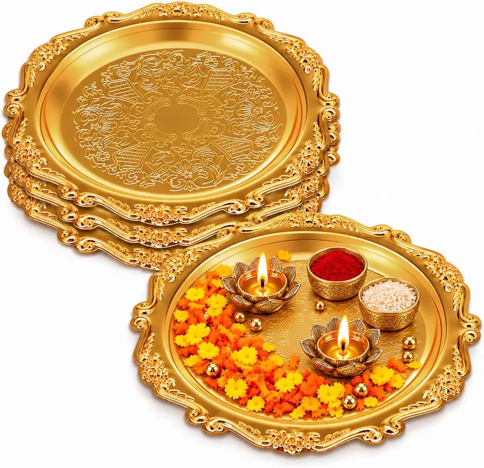 4 Pcs Vintage Silver Tray Indian Pooja Return Gift, Round Golden