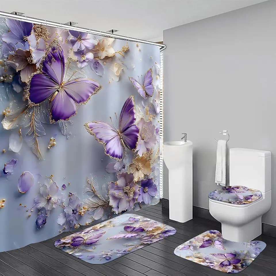 Chrainy 4pcs Purple Butterfly Shower Cutain Set Bathroom Decor with Rugs