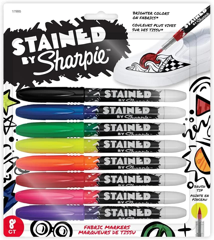 Sharpie Stained Fabric Markers, Brush Tip, Assorted Colors, 8 Count
