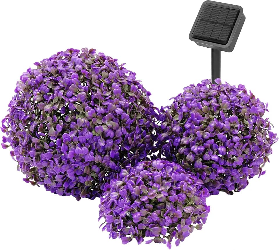 Purple Solar Garden Lights Outdoor, 3 Pack Artificial Boxwood Half Spheres with Warm LED Lights, 10/8/7 Inch Connected Faux Topiary Domes, Solar Yard Decor for Patio Porch Garden Beds