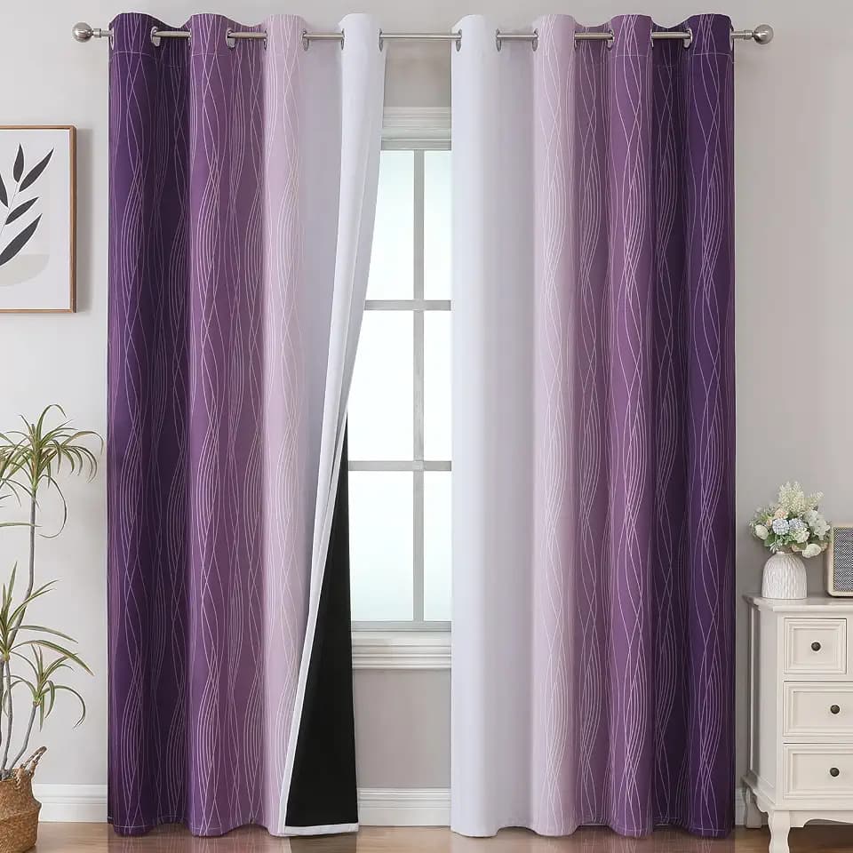 Purple and Greyish White Ombre Blackout Curtains for Bedroom 90 Inches Long