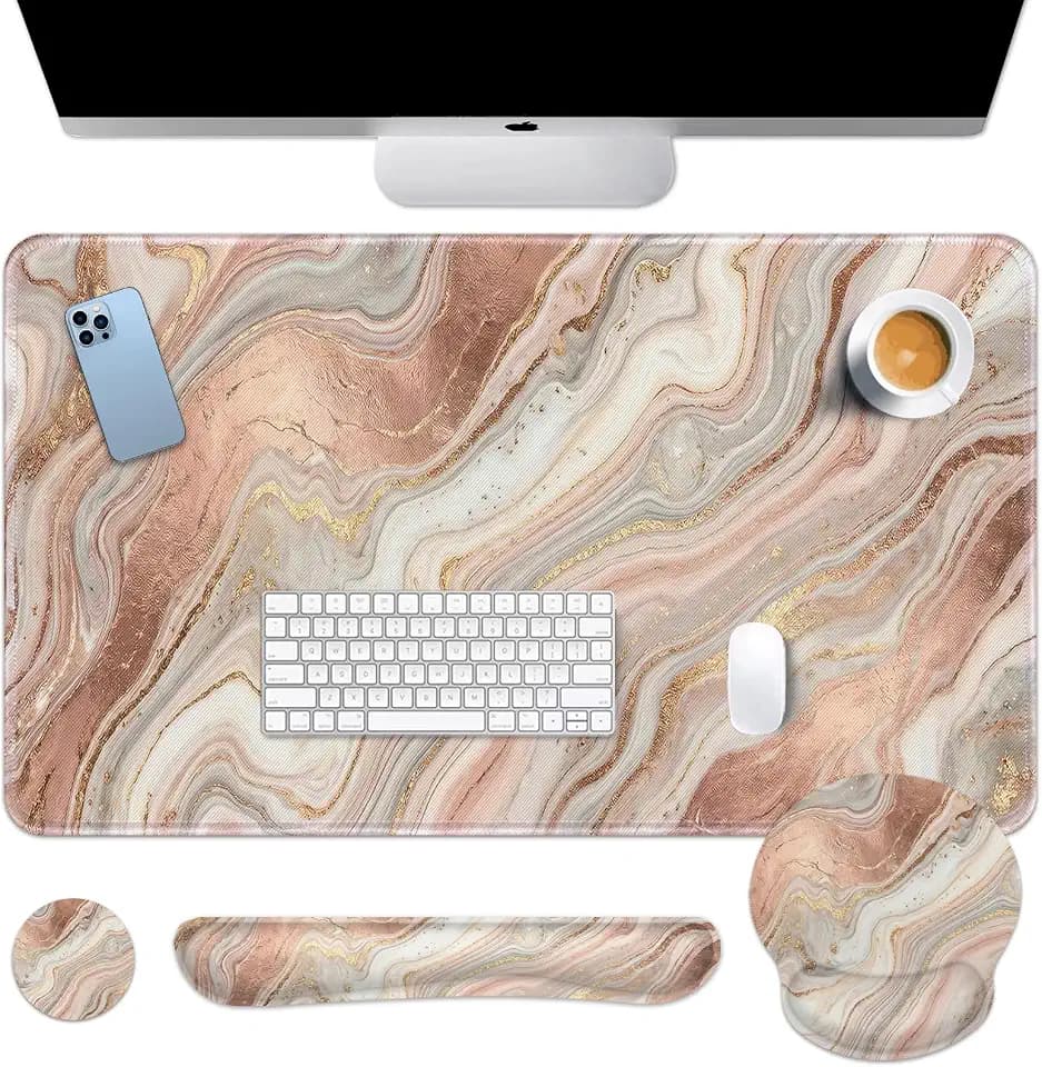 Britimes Keyboard Mouse Pad Set, 4 in 1 Desk Mat Set, Marble Gold Pink